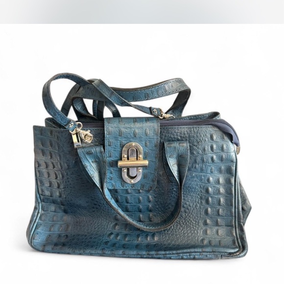 Genuine Croc Embossed Leather Double Zip Wallet – Made In Italy - Blue - Picture 9 of 16